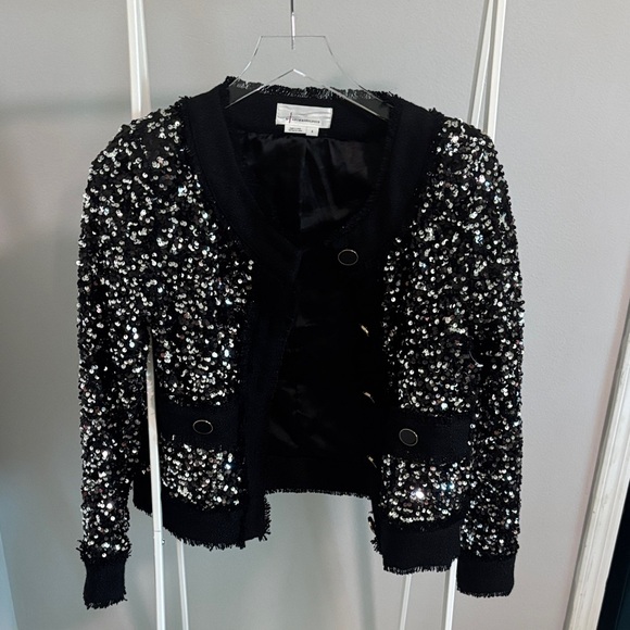 Anthropologie Jackets & Blazers - NWOT Sz. Small Anthropologie Black & Silver Sequin Cropped Button Closure Jacket